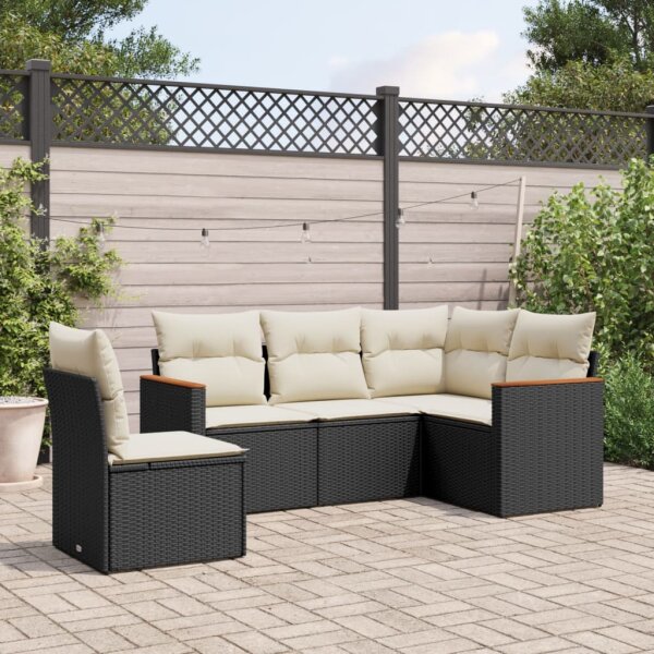 vidaXL 5-tlg. Garten-Sofagarnitur mit Kissen Schwarz Poly Rattan