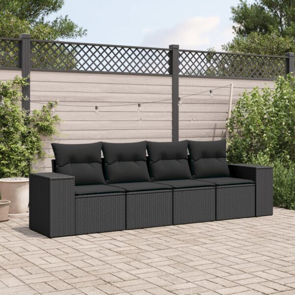 vidaXL 4-tlg. Garten-Sofagarnitur mit Kissen Schwarz Poly Rattan