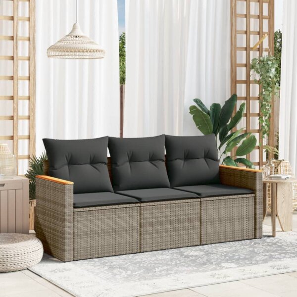 vidaXL 3-tlg. Garten-Sofagarnitur mit Kissen Grau Poly Rattan