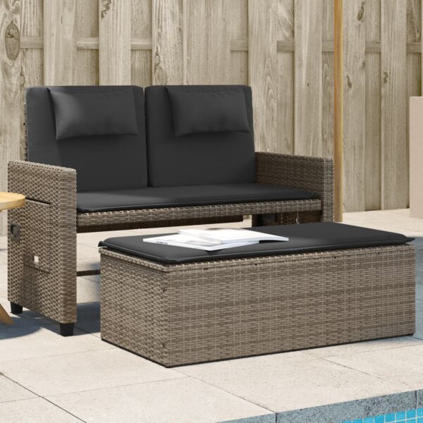 vidaXL Gartenbank Verstellbar mit Kissen Grau Poly Rattan