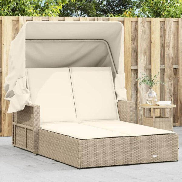 vidaXL Doppel-Sonnenliege mit Dach und Auflagen Beige Poly Rattan