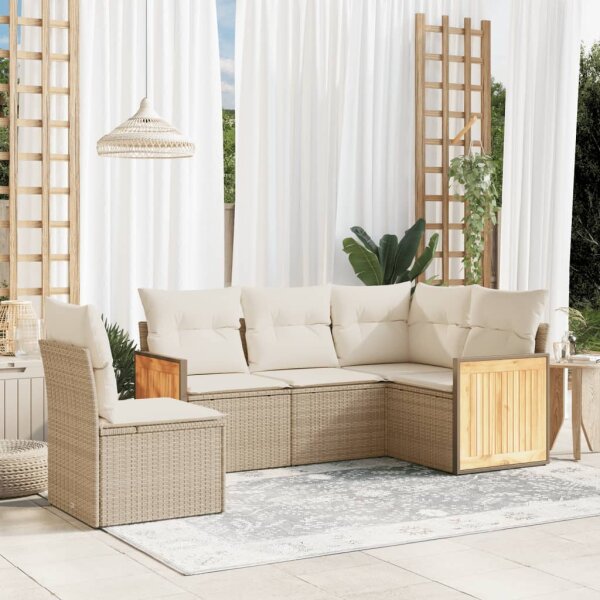 vidaXL 5-tlg. Garten-Sofagarnitur mit Kissen Beige Poly Rattan