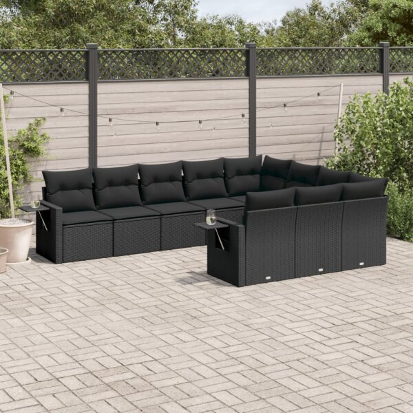 vidaXL 10-tlg. Garten-Sofagarnitur mit Kissen Schwarz Poly Rattan