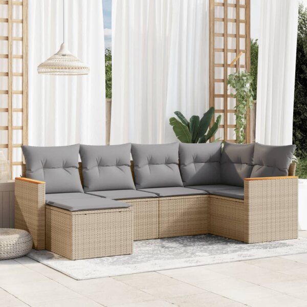 vidaXL 6-tlg. Garten-Sofagarnitur mit Kissen Beige Poly Rattan