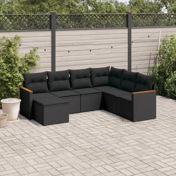 vidaXL 7-tlg. Garten-Sofagarnitur mit Kissen Schwarz Poly Rattan