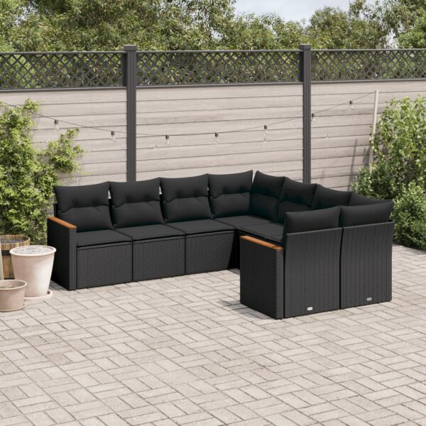 vidaXL 8-tlg. Garten-Sofagarnitur mit Kissen Schwarz Poly Rattan