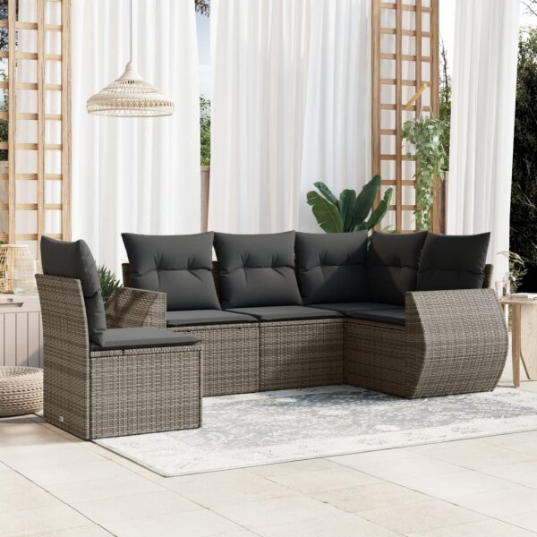 vidaXL 5-tlg. Garten-Sofagarnitur mit Kissen Grau Poly Rattan