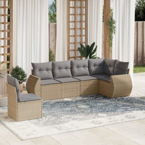 vidaXL 6-tlg. Garten-Sofagarnitur mit Kissen Beige Poly Rattan