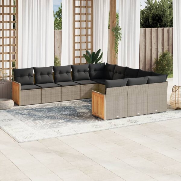 vidaXL 11-tlg. Garten-Sofagarnitur mit Kissen Grau Poly Rattan