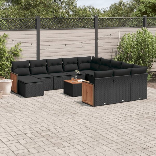 vidaXL 13-tlg. Garten-Sofagarnitur mit Kissen Schwarz Poly Rattan