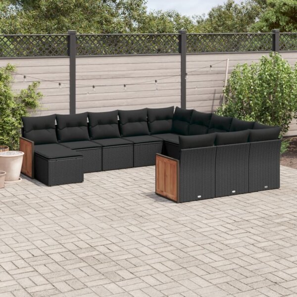 vidaXL 12-tlg. Garten-Sofagarnitur mit Kissen Schwarz Poly Rattan