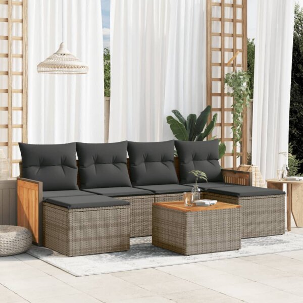 vidaXL 7-tlg. Garten-Sofagarnitur mit Kissen Grau Poly Rattan