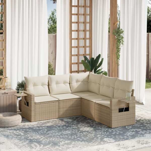 vidaXL 5-tlg. Garten-Sofagarnitur mit Kissen Beige Poly Rattan