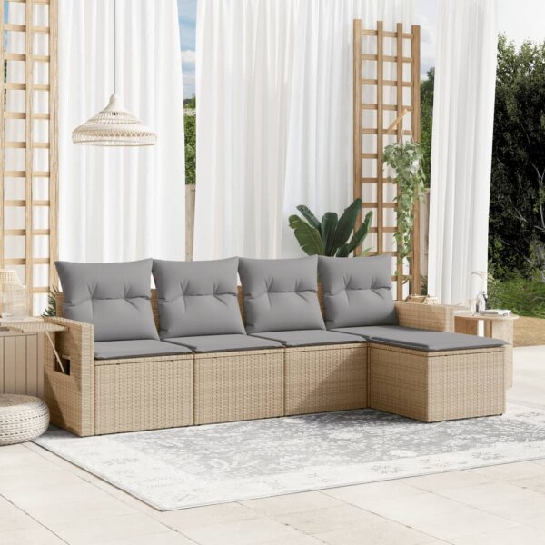 vidaXL 5-tlg. Garten-Sofagarnitur mit Kissen Beige Poly Rattan