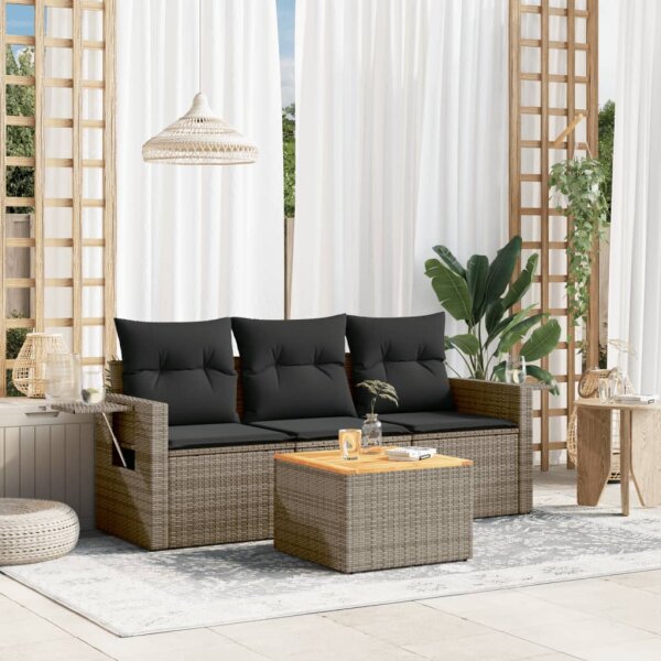 vidaXL 4-tlg. Garten-Sofagarnitur mit Kissen Grau Poly Rattan