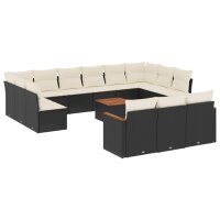 vidaXL 14-tlg. Garten-Sofagarnitur mit Kissen Schwarz Poly Rattan