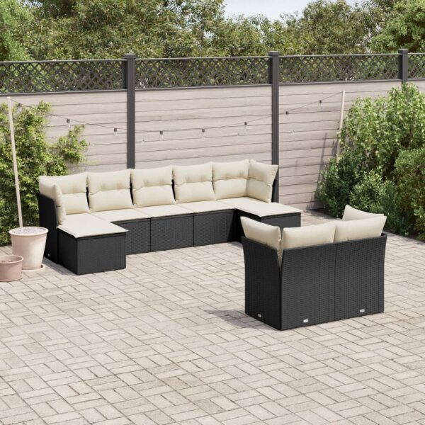 vidaXL 9-tlg. Garten-Sofagarnitur mit Kissen Schwarz Poly Rattan