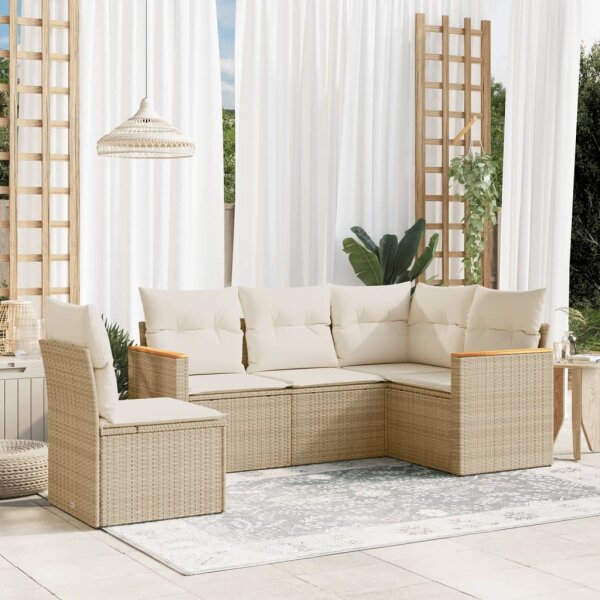 vidaXL 5-tlg. Garten-Sofagarnitur mit Kissen Beige Poly Rattan