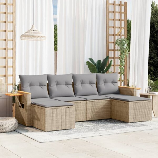 vidaXL 6-tlg. Garten-Sofagarnitur mit Kissen Beige Poly Rattan