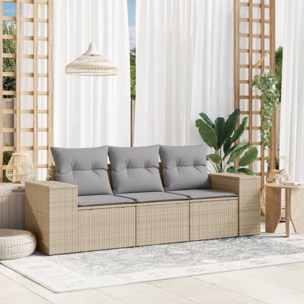 vidaXL 3-tlg. Garten-Sofagarnitur mit Kissen Beige Poly Rattan