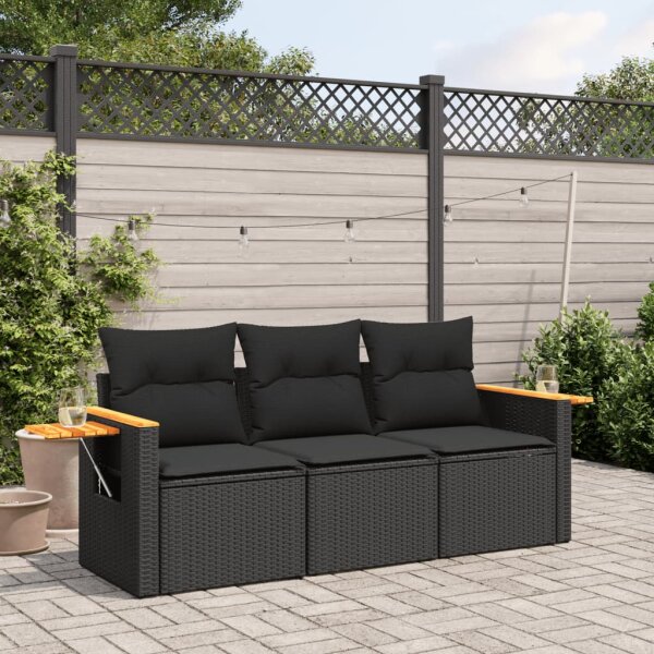 vidaXL 3-tlg. Garten-Sofagarnitur mit Kissen Schwarz Poly Rattan