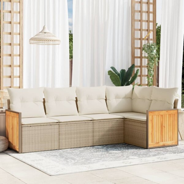 vidaXL 5-tlg. Garten-Sofagarnitur mit Kissen Beige Poly Rattan