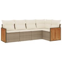 vidaXL 5-tlg. Garten-Sofagarnitur mit Kissen Beige Poly Rattan