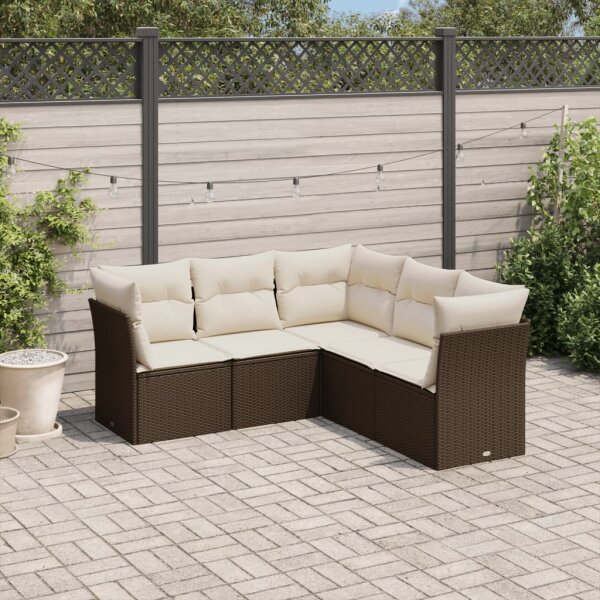 vidaXL 5-tlg. Garten-Sofagarnitur mit Kissen Braun Poly Rattan