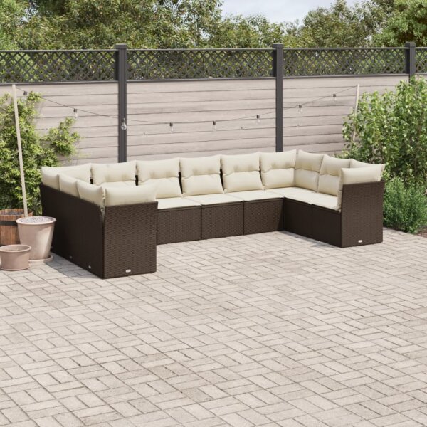 vidaXL 10-tlg. Garten-Sofagarnitur mit Kissen Braun Poly Rattan