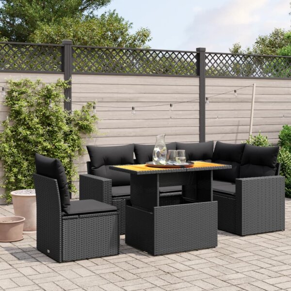 vidaXL 6-tlg. Garten-Sofagarnitur mit Kissen Schwarz Poly Rattan