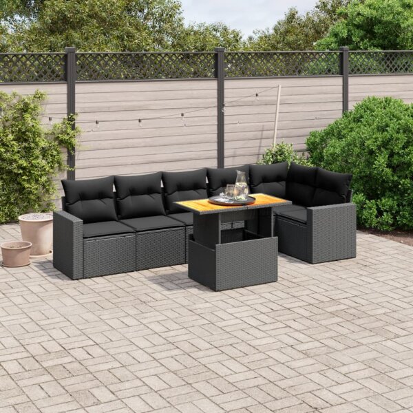 vidaXL 7-tlg. Garten-Sofagarnitur mit Kissen Schwarz Poly Rattan