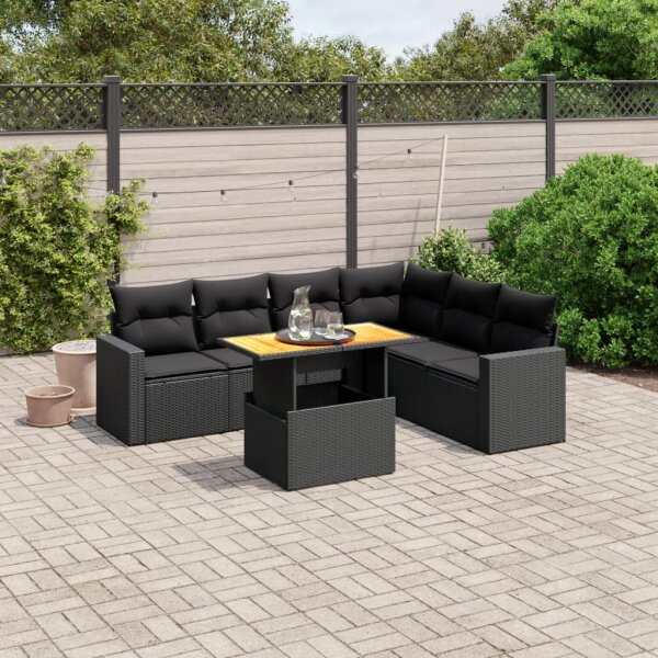 vidaXL 7-tlg. Garten-Sofagarnitur mit Kissen Schwarz Poly Rattan