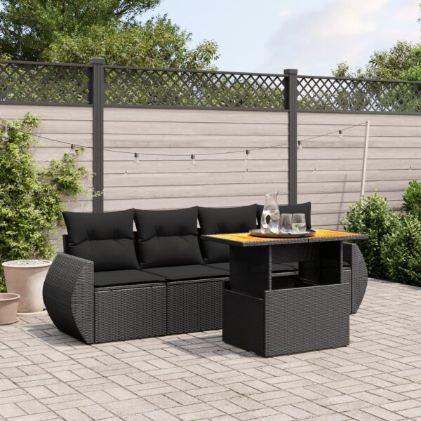 vidaXL 5-tlg. Garten-Sofagarnitur mit Kissen Schwarz Poly Rattan