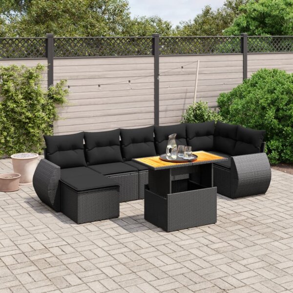 vidaXL 8-tlg. Garten-Sofagarnitur mit Kissen Schwarz Poly Rattan