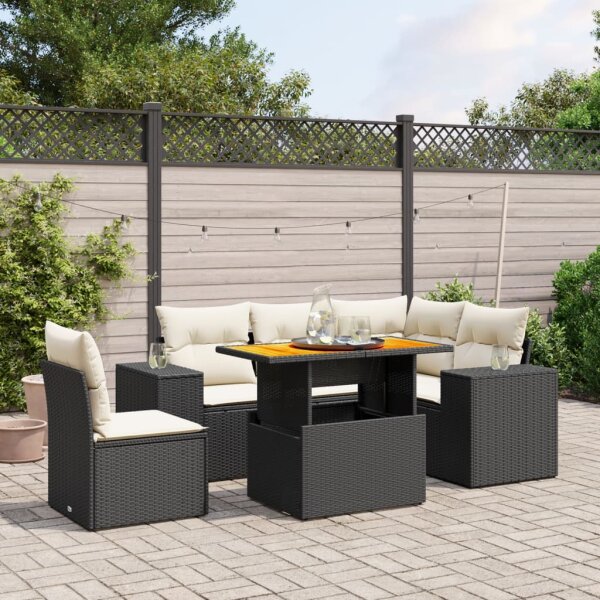 vidaXL 6-tlg. Garten-Sofagarnitur mit Kissen Schwarz Poly Rattan