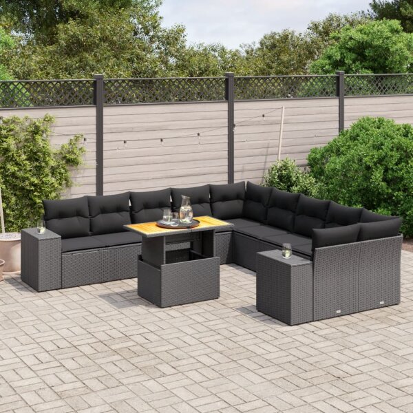 vidaXL 11-tlg. Garten-Sofagarnitur mit Kissen Schwarz Poly Rattan