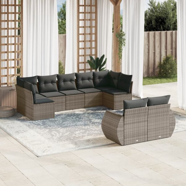 vidaXL 9-tlg. Garten-Sofagarnitur mit Kissen Grau Poly Rattan