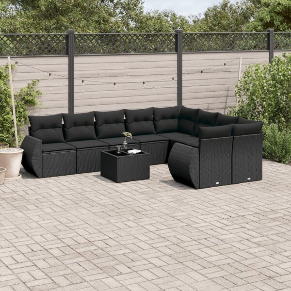 vidaXL 10-tlg. Garten-Sofagarnitur mit Kissen Schwarz Poly Rattan