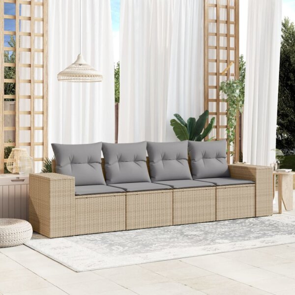 vidaXL 4-tlg. Garten-Sofagarnitur mit Kissen Beige Poly Rattan