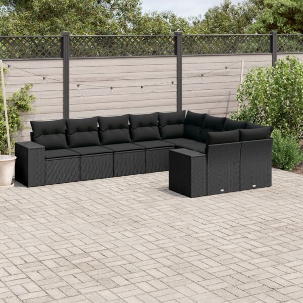 vidaXL 9-tlg. Garten-Sofagarnitur mit Kissen Schwarz Poly Rattan