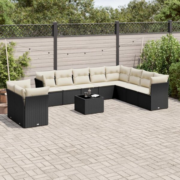 vidaXL 11-tlg. Garten-Sofagarnitur mit Kissen Schwarz Poly Rattan