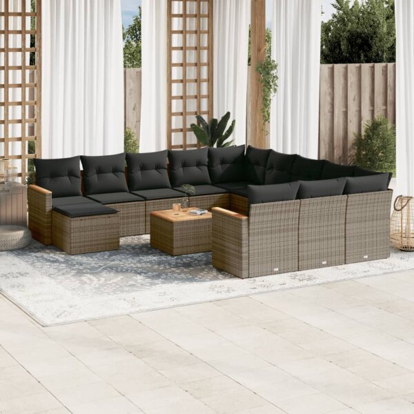 vidaXL 13-tlg. Garten-Sofagarnitur mit Kissen Grau Poly Rattan