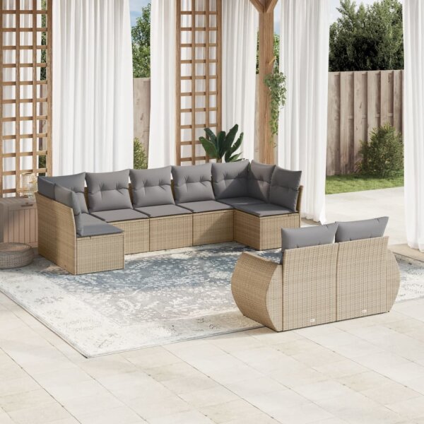 vidaXL 9-tlg. Garten-Sofagarnitur mit Kissen Beige Poly Rattan