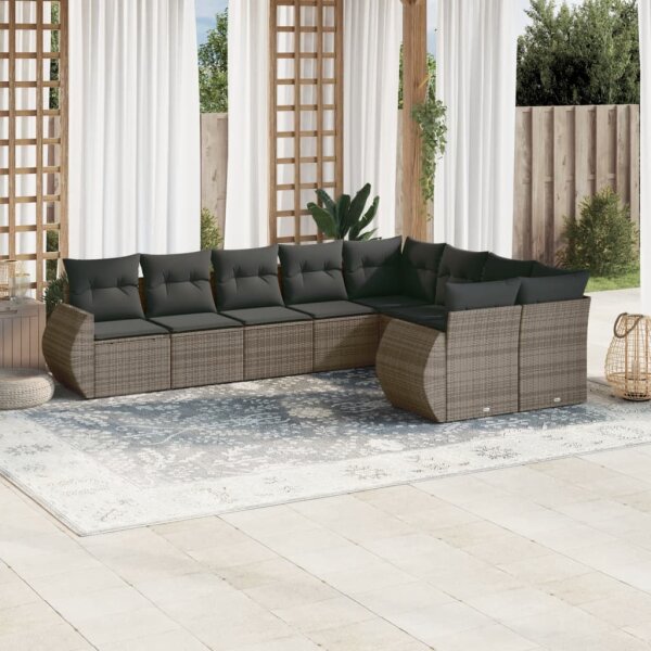 vidaXL 9-tlg. Garten-Sofagarnitur mit Kissen Grau Poly Rattan