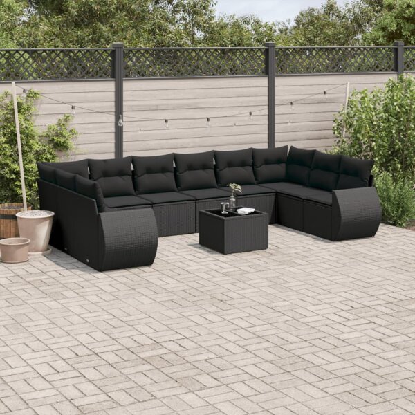 vidaXL 11-tlg. Garten-Sofagarnitur mit Kissen Schwarz Poly Rattan