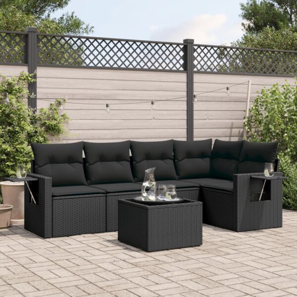 vidaXL 6-tlg. Garten-Sofagarnitur mit Kissen Schwarz Poly Rattan