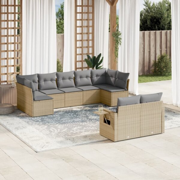 vidaXL 9-tlg. Garten-Sofagarnitur mit Kissen Beige Poly Rattan