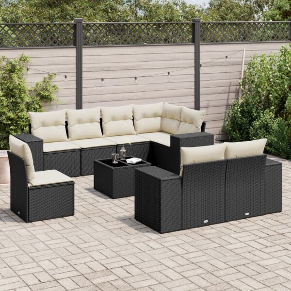 vidaXL 9-tlg. Garten-Sofagarnitur mit Kissen Schwarz Poly Rattan