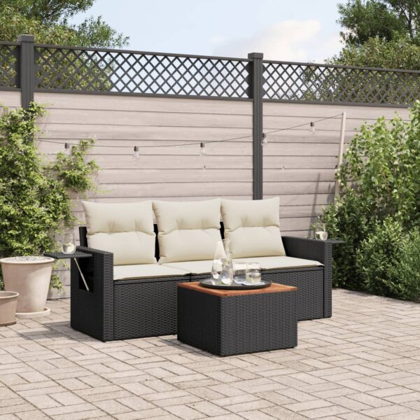 vidaXL 4-tlg. Garten-Sofagarnitur mit Kissen Schwarz Poly Rattan