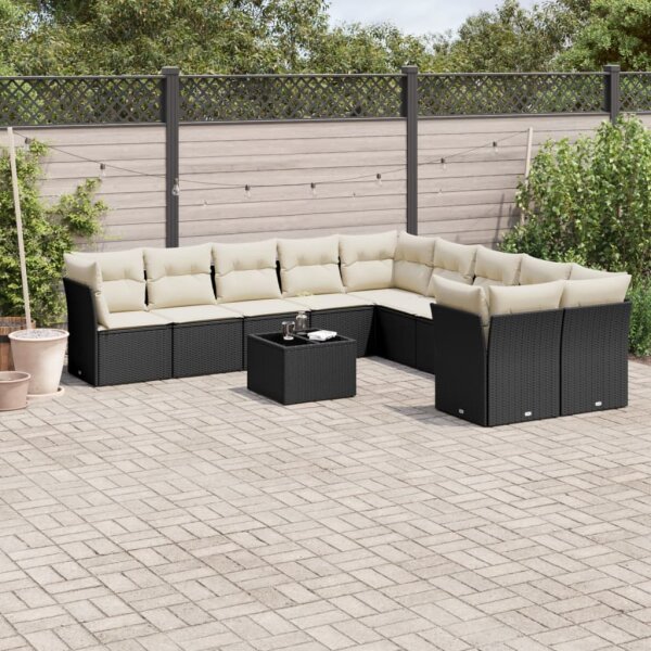 vidaXL 11-tlg. Garten-Sofagarnitur mit Kissen Schwarz Poly Rattan